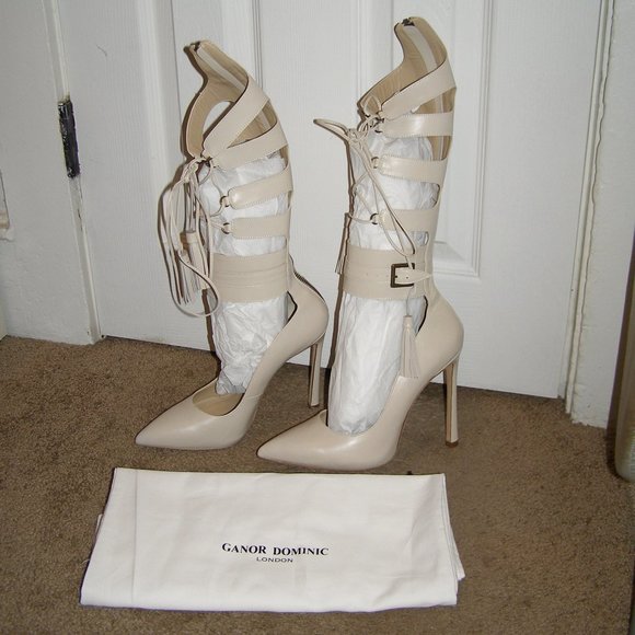 🔥 NEW size 8.5/39 Ganor Dominic Beige Leather Lace up Knee high Pumps - Picture 2 of 16